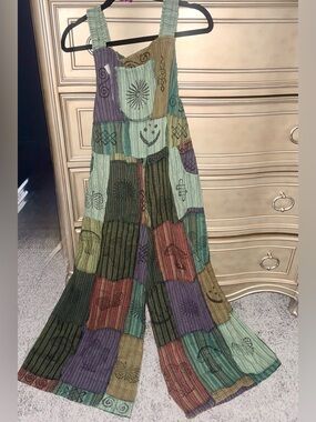 KiraT Boho Patchwork Pleated Wide leg jumpsuit in shades of green and plum